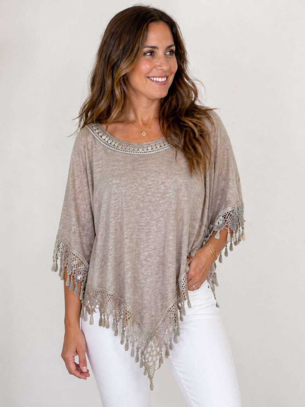 South Main Grey Crochet Fringe Poncho Boho Tassel Asymmetrical Top Sz L/XL